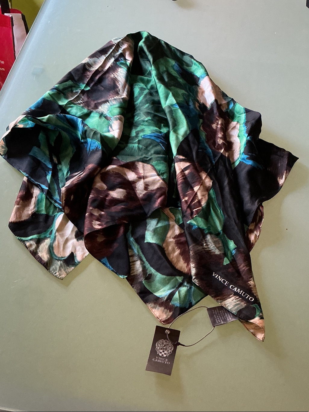Vince Camuto Black Floral Silk Scarf With Green And Brown Accents